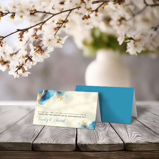 Carte De Placement Mariage d'aquarelle bleu et or Abstrait