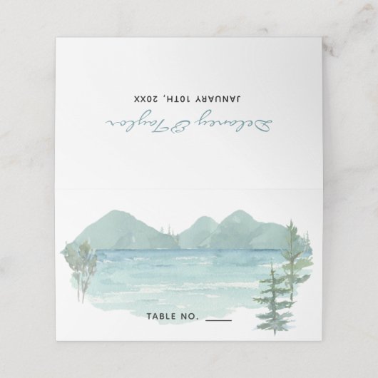 Carte De Placement Mariage d'aquarelle du lac Mountain (Extérieur déplié)