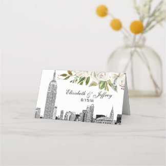 Carte De Placement Mariage d'aquarelle florale blanche NYC Skyline ES