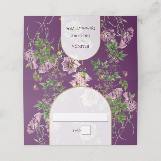 Carte De Placement Mariage d'arc doré fleuri violet (Extérieur déplié)