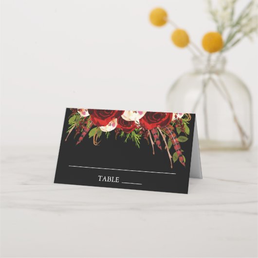Carte De Placement Mariage de Boho Floral de Bourgogne noire (Devant)
