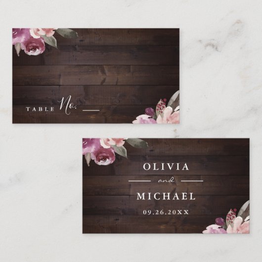 Carte De Placement Mariage de bois rustique mauve et mûrier (Devant / Derrière)
