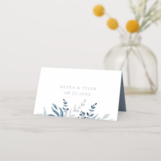 Carte De Placement Mariage de feuillage botanique bleu Dusty (Dos)