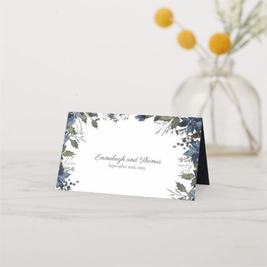 Carte De Placement Mariage de fleurs de Poinsettia | bleu marine (Dos)