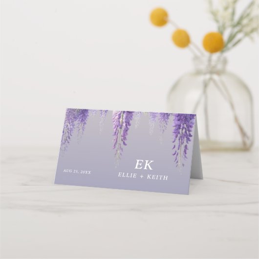 Carte De Placement Mariage de monogramme floral violet de Gradient Wh (Dos)