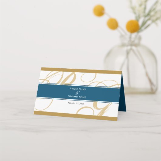 Carte De Placement Mariage de monogramme or Blue Elegant (Dos)