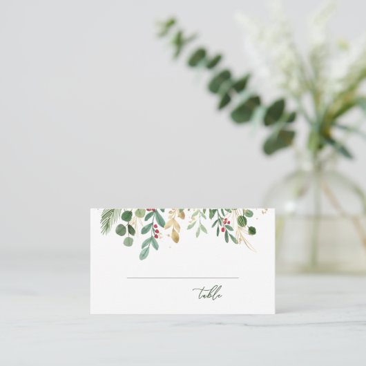 Carte De Placement Mariage de Noël Feuillage Verdure Baie Rouge (Debout devant)