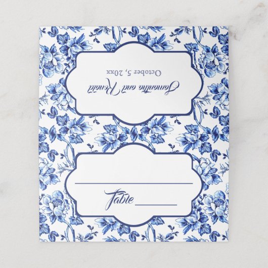 Carte De Placement Mariage de toile Florale Bleu et Blanc (Extérieur déplié)