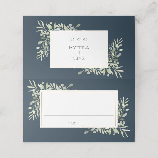 Carte De Placement Mariage de verdure fond bleu mer profond (Extérieur déplié)