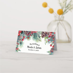 Carte De Placement Mariage d'hiver Holiday Holly Berry Pine Cone Tabl