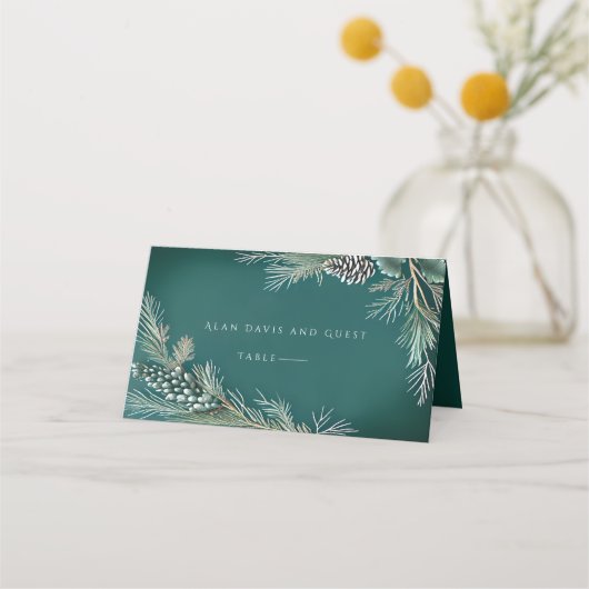 Carte De Placement Mariage d'hiver Pine Cônes Pineberries Vert Blanc  (Devant)