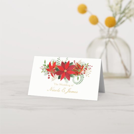 Carte De Placement Mariage d'hiver Poinsettia Fête Table Siège (Devant)