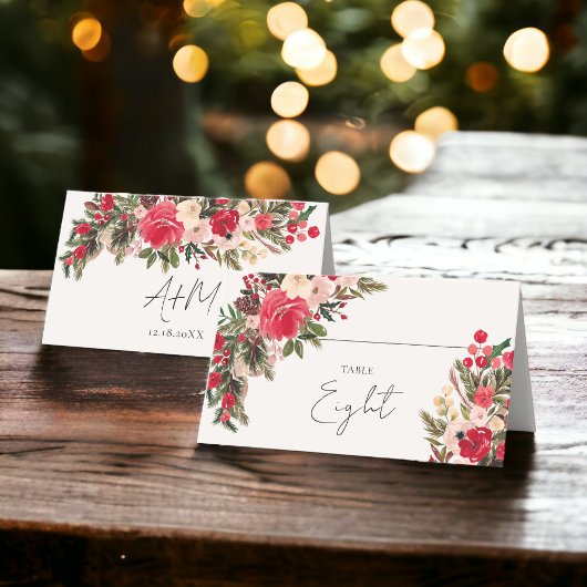 Carte De Placement Mariage d'hiver rustique rouge vert floral