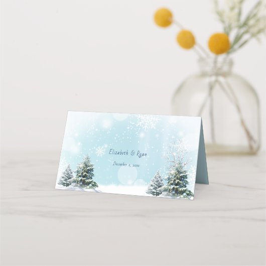 Carte De Placement Mariage d'hiver Snowflakes Pine Trees (Dos)