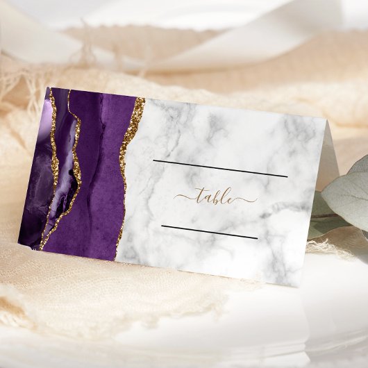 Carte De Placement Mariage élégant avec Marbre de Nacre Agate Or Viol