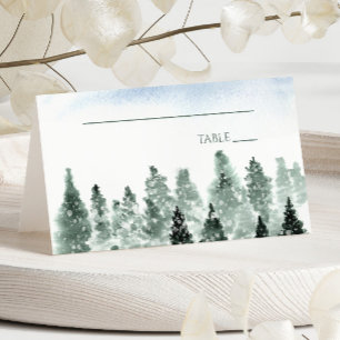 Carte De Placement Mariage Élégant Hiver Neige Pins Verts