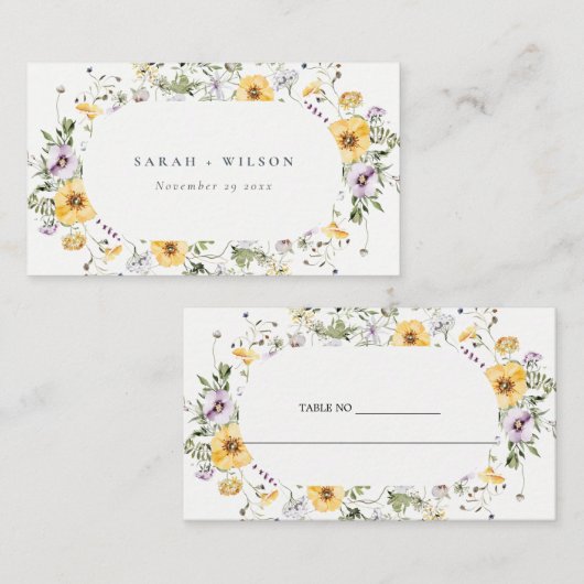 Carte De Placement Mariage Fleur sauvage circulaire Lilac jaune (Devant / Derrière)
