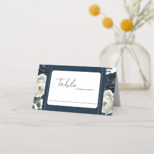Carte De Placement Mariage Fleurie Moderne Bleu Foncé & Blanc