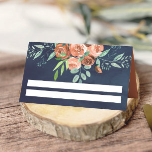 Carte De Placement Mariage Fleurs Roses Orange Brûlé Terne Bleu Marin