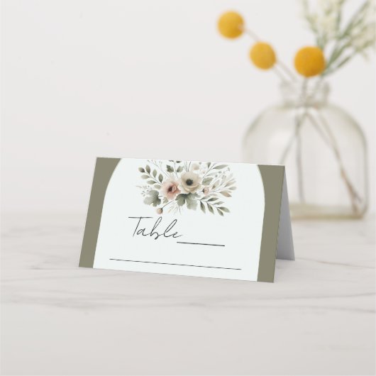 Carte De Placement Mariage floral aquarelle vert olive kaki (Devant)