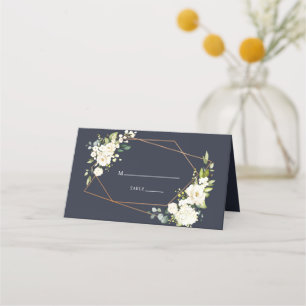 Carte De Placement Mariage floral blanc blanc bleu cuivré géométrique