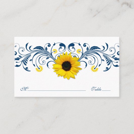Carte De Placement Mariage floral bleu bleu marine tournesol blanc (Devant)