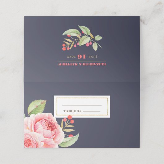 Carte De Placement Mariage floral bleu marine (Extérieur déplié)