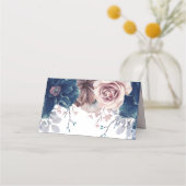 Carte De Placement Mariage floral bleu marine et mauve (Dos)