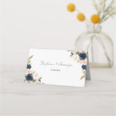 Carte De Placement Mariage floral bleu marine et rose pâle (Dos)