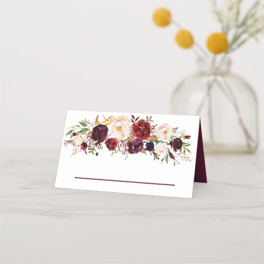 Carte De Placement Mariage floral de Bourgogne profonde (Devant)