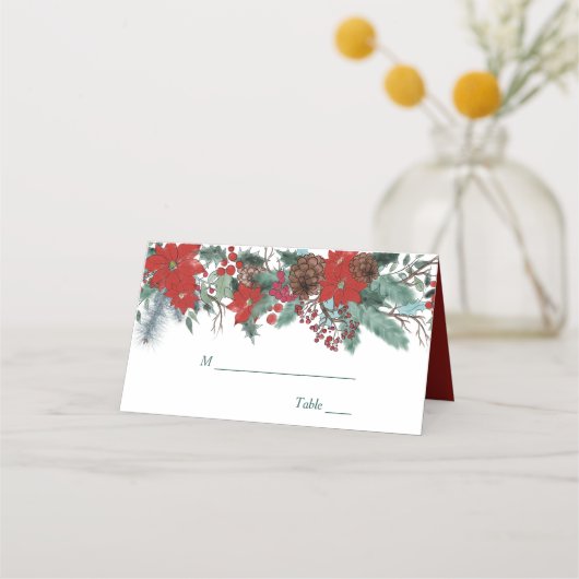 Carte De Placement Mariage floral de la frontière rouge Poinsettia (Devant)