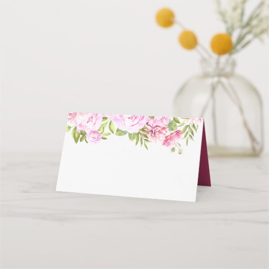 Carte De Placement Mariage Floral de Teinte Rose Foncé et de Verdure (Devant)