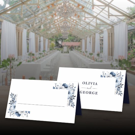 Carte De Placement Mariage Floral Élégant Bleu Marine et Blanc