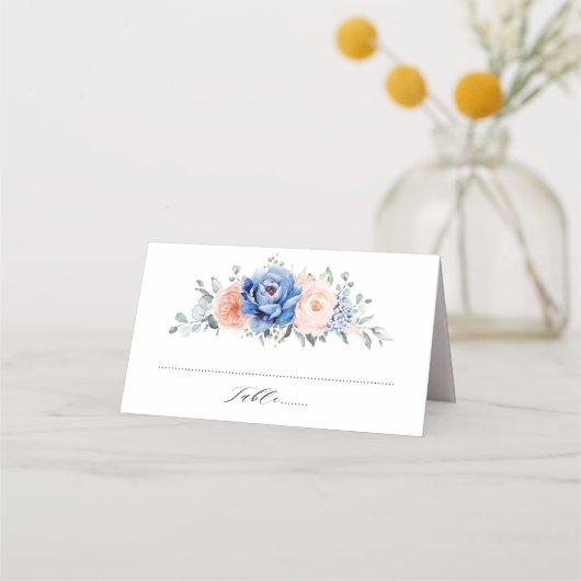 Carte De Placement Mariage floral rose bleu marine (Devant)