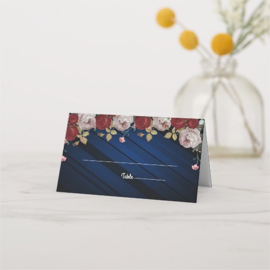 Carte De Placement Mariage floral rose bleu marine Bourgogne (Devant)