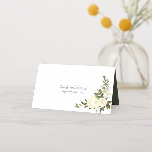 Carte De Placement Mariage Floral Roses Blanches | Vert olive (Dos)