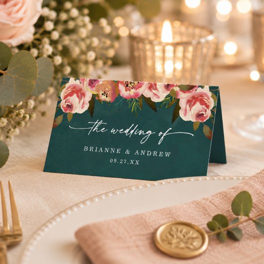 Carte De Placement Mariage Floral Vert Sarcelle Profond Chic Blooming