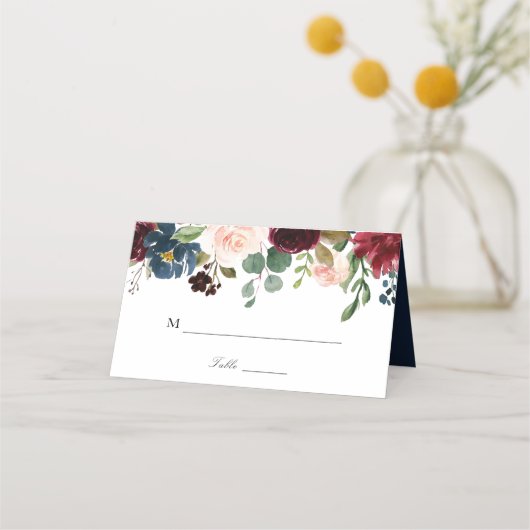 Carte De Placement mariage florale bordeaux et marine (Devant)