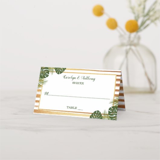 Carte De Placement Mariage Gold Foil & Green Palm Leaf Beach (Devant)