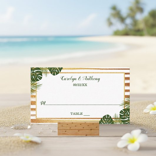 Carte De Placement Mariage Gold Foil & Green Palm Leaf Beach