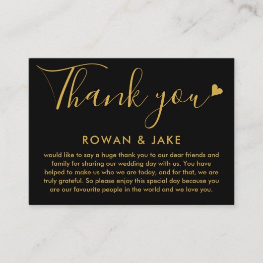 Carte De Placement Mariage Merci Or Et Coeur Noir Script (Devant)