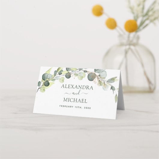Carte De Placement Mariage Moderne Eucalyptus Vert Succulent (Dos)