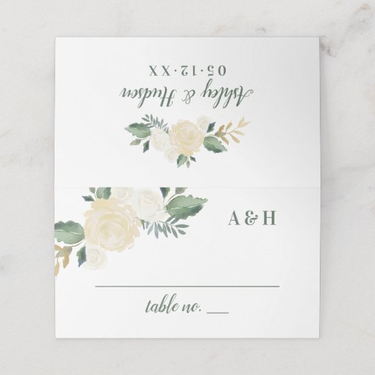 Carte De Placement Mariage Monogramme Floral Vert Or (Extérieur déplié)