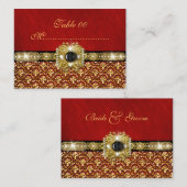 Carte De Placement Mariage noir or rouge damassé "numéro de table" (Devant / Derrière)