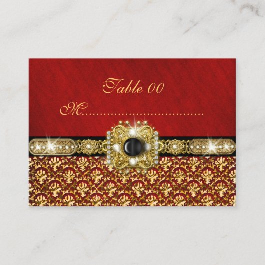 Carte De Placement Mariage noir or rouge damassé "numéro de table" (Devant)