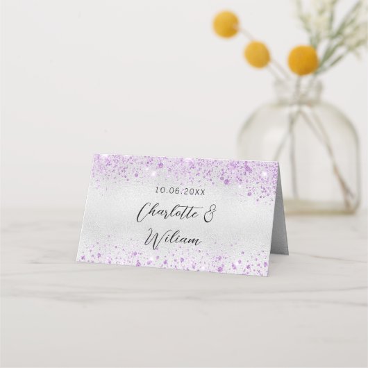 Carte De Placement Mariage parties scintillant violet argenté (Dos)