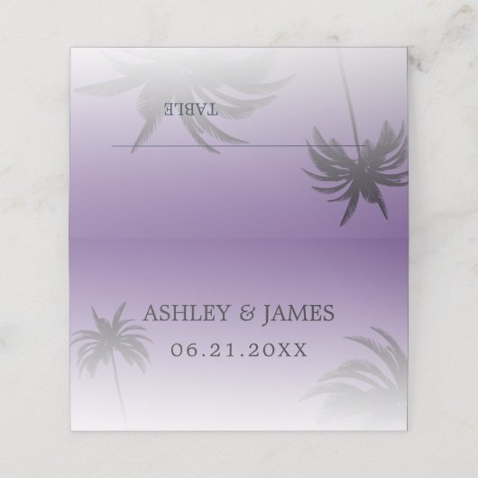 Carte De Placement Mariage Plage de Palm Tree Tropical Violet (Extérieur déplié)
