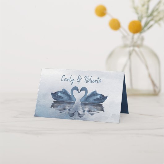 Carte De Placement Mariage romantique double bleu cygne (Dos)