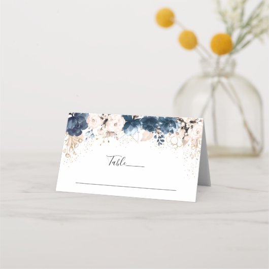 Carte De Placement Mariage Rose bleu et poussiéreux de la marine plié (Devant)
