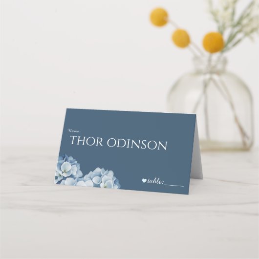 Carte De Placement Mariage Ruban Élégant Hydrangea Bleu (Devant)